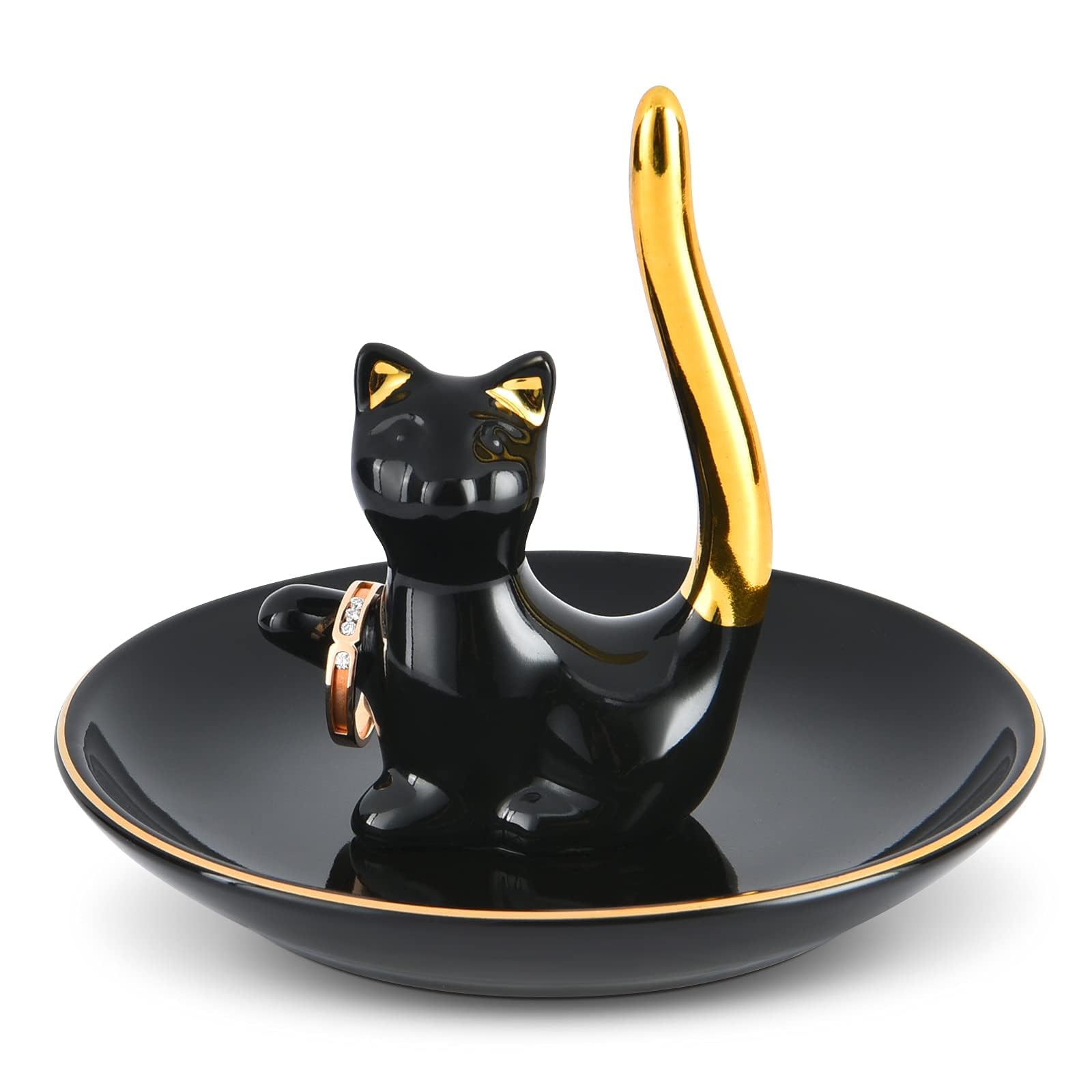NALACALNALACAL Cat Ring Holder Gift for Cat Lover, Functional Kitty Ring Holder, Black Ceramic Cat Ring Dish with Cat Tail for Rings Earrings Jewelry, Gifts for Cat Lovers Engagement Birthday Anniversary