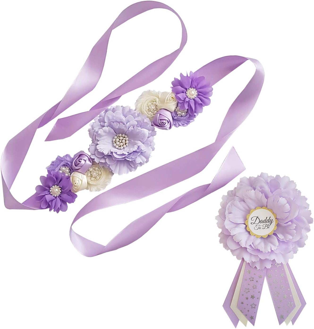 LMC Purple And Ivory Baby Shower Mommy To Be Sash And Corsages USA Handmade (Sash and Daddy to be pin set)