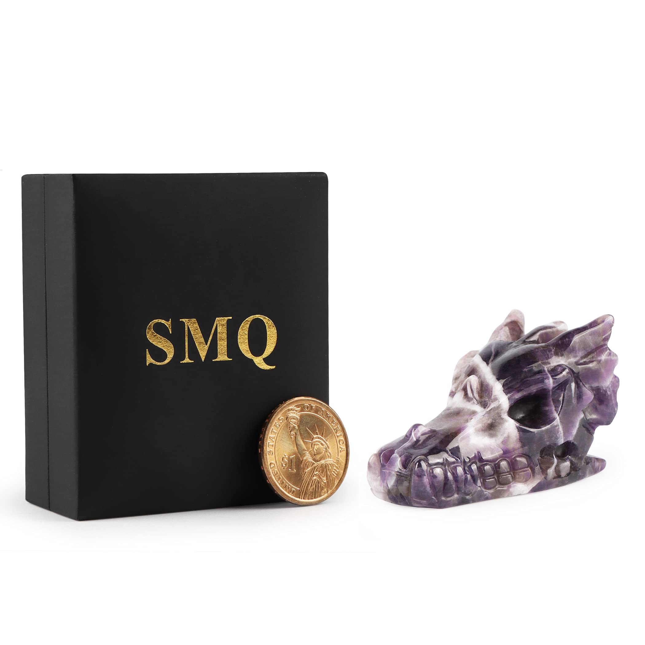 SMQ Amethyst Crystals Dragon Head Skull Statue Hand Carved Gem Purple Dragon Figurine Animal Carvings Collectible Healing Stones for Home Office Desk Decor(2 Inch)