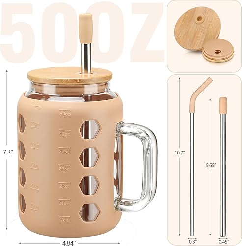 Miniatura 5 de MUKOKO Vaso de vidrio con tapa de bambú y pajita, botellas de agua de vidrio de 50 onzas con marcador de tiempo, taza de café helado con asa, taza