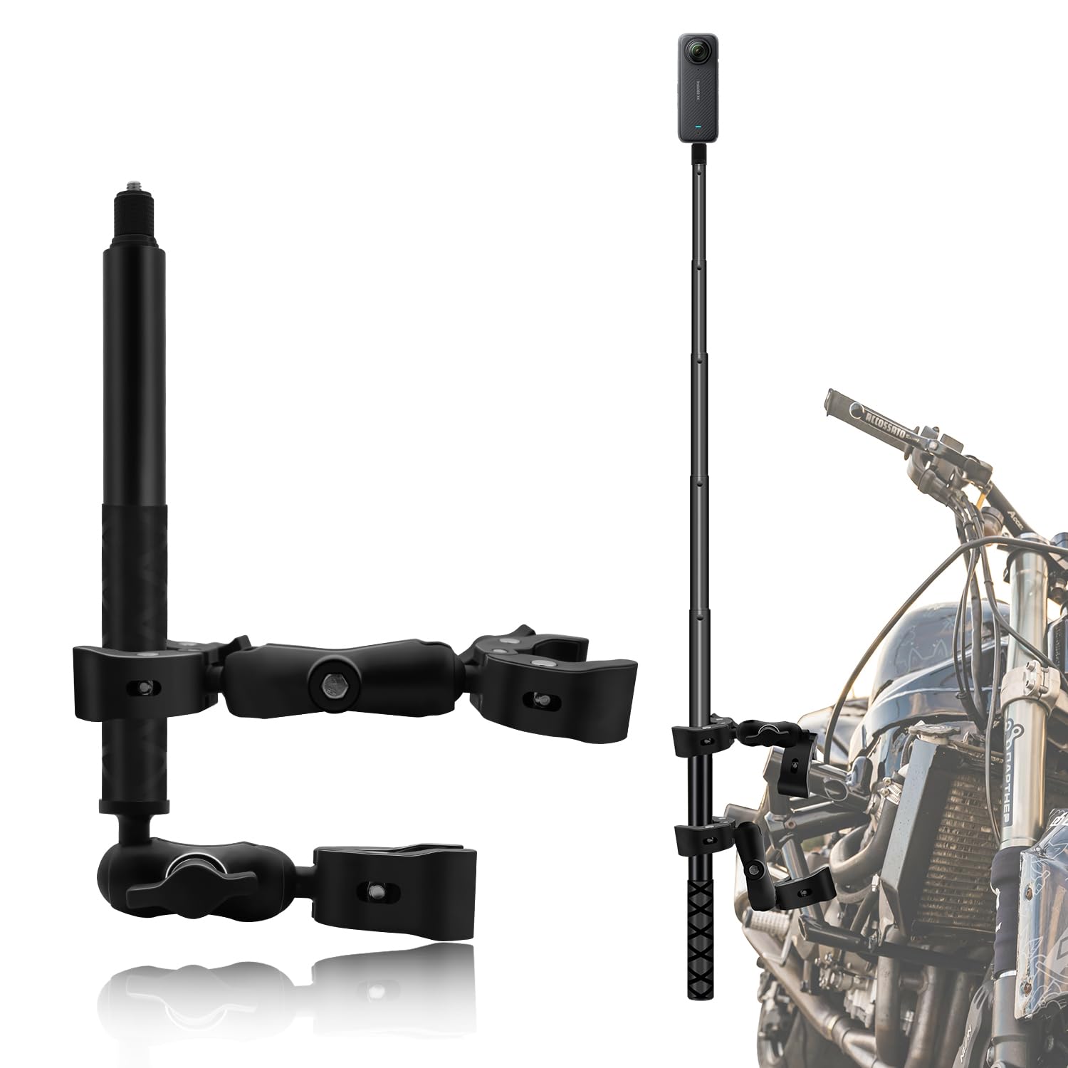 Motorcycle Mount Kit with 47" Invisible Selfie Stick Compatible for Insta 360 X5 X4 X3 X2 X RS GO 3 Heavy-Duty Double Clamp Camera Bike ATV RV Mount