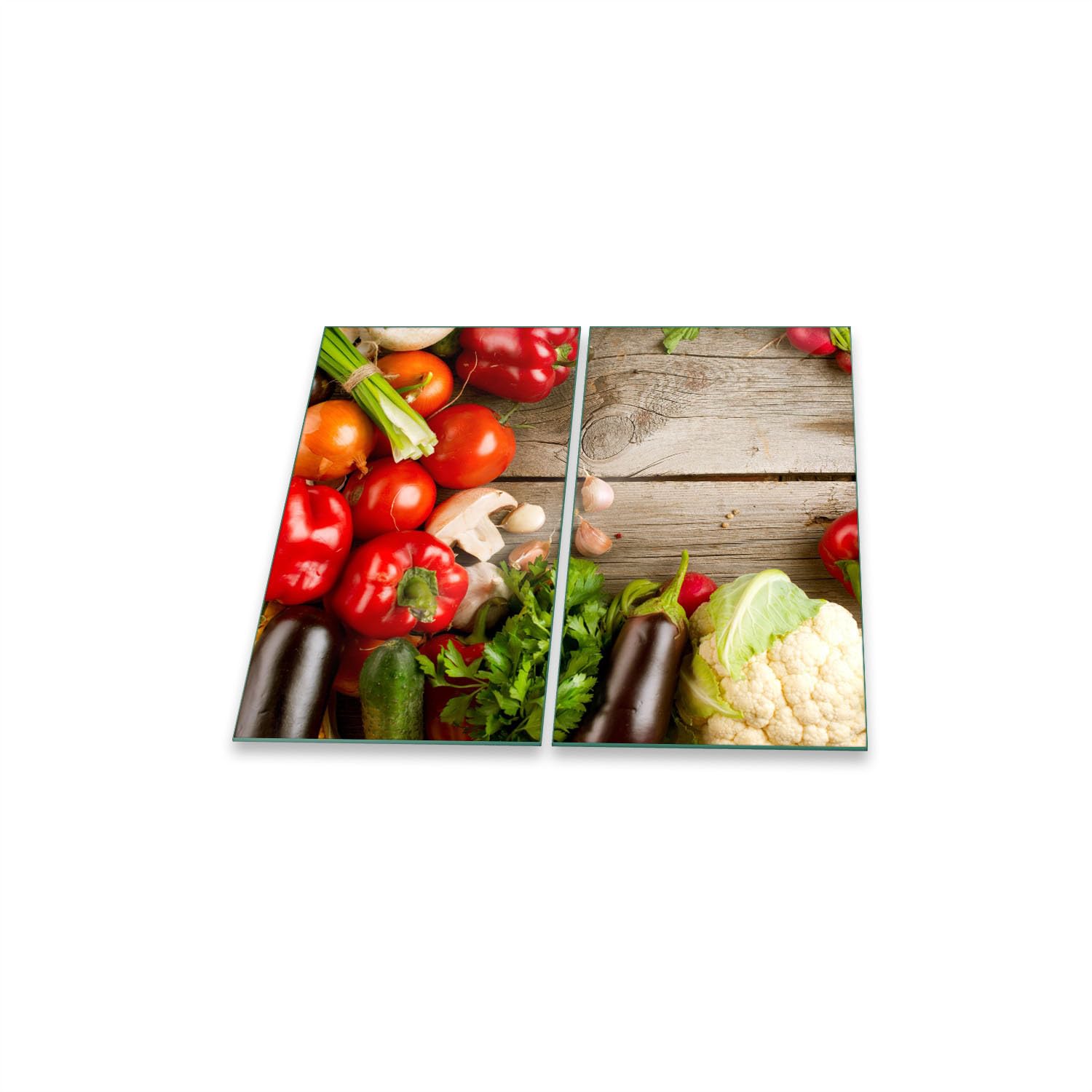 Herdabdeckplatte Abdeckung Ceranfeld Abdeckplatte Schneidebrett 2-Teilig 60x52 Gemüse Mehrfarbig Spritzschutz Glasplatte Ceranfeldabdeckung Schutz Herdschutz Sicherheitsglas Glasschneidebrett 2x30x52
