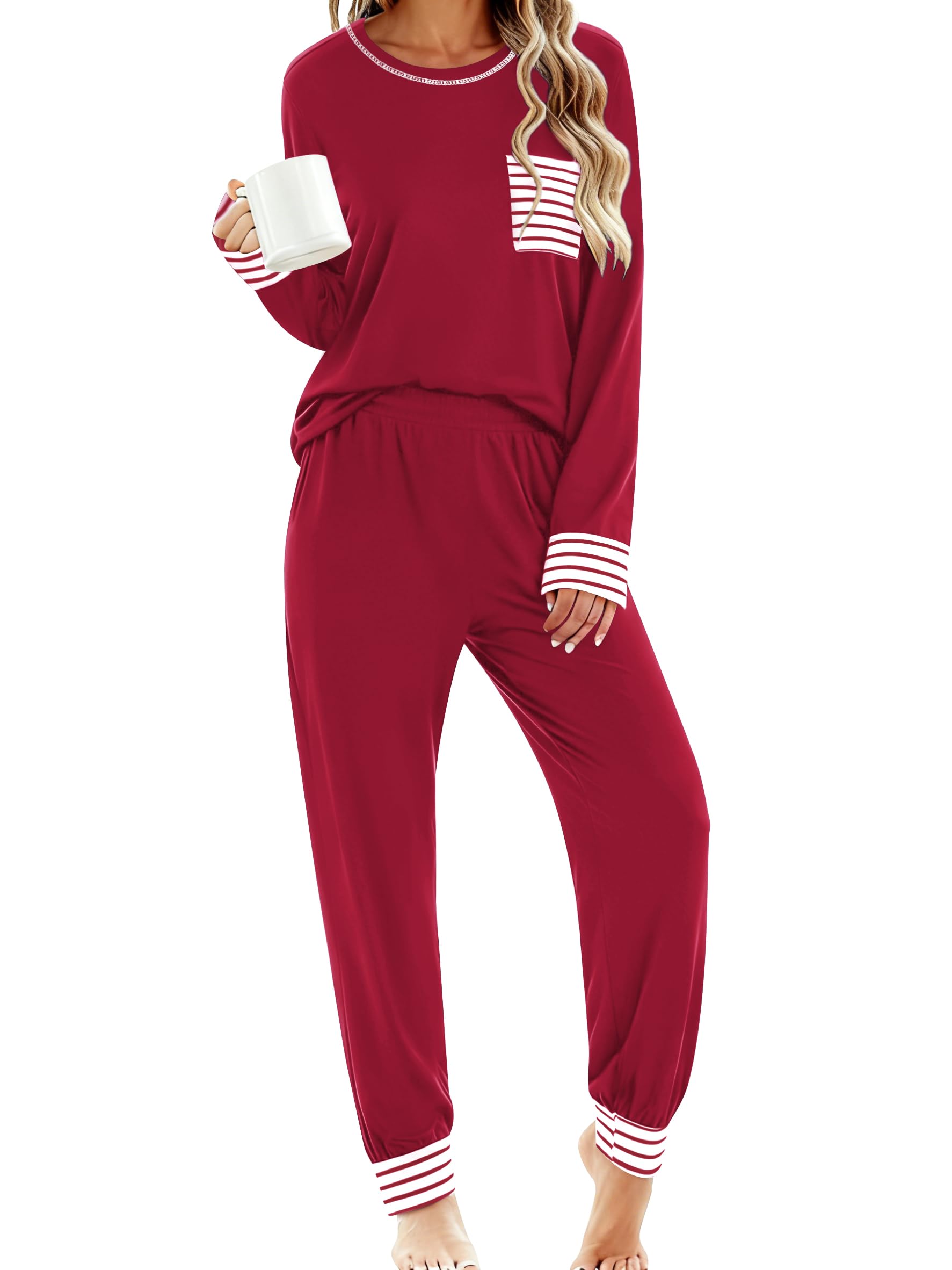 SWOMOG Women’s Pajamas Set Long Sleeve Sleepwear with Long Pants Soft Modal Loungewear Pj Set