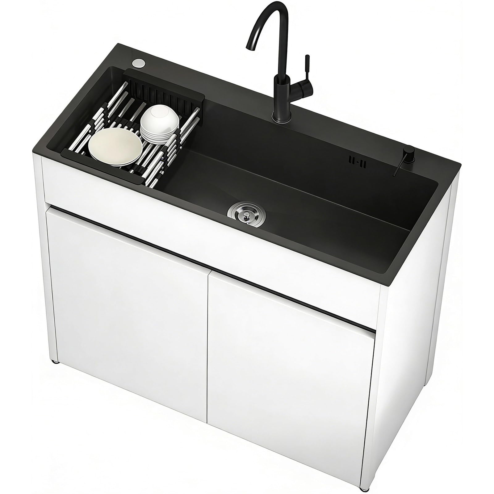 Lavello da Esterno Autoportante con Mobile per Giardino e Officina, lavabo in acciaio inox nero, corpo in alluminio alveolare con piedini regolabili, miscelatore caldo/freddo e kit di scarico inclusi