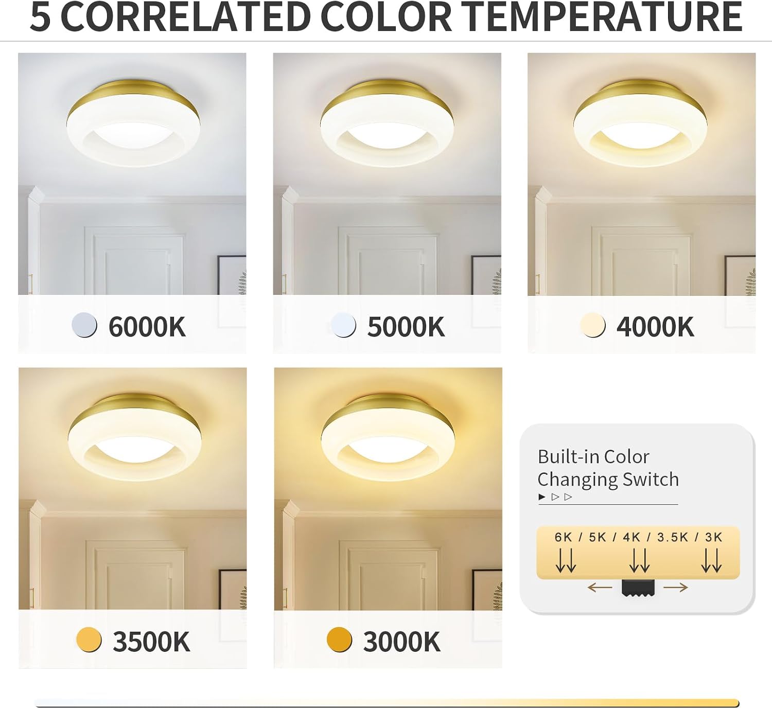 zeyu 18W LED Ceiling Light Fixture, 15 Inch Close to Ceiling Light Fixture with Milk White Glass, Dimmable 5CCT Adjustable 3000K/3500K/4000K/5000K/6000K, Antique Gold Finish, ZSL68MF-LED AG