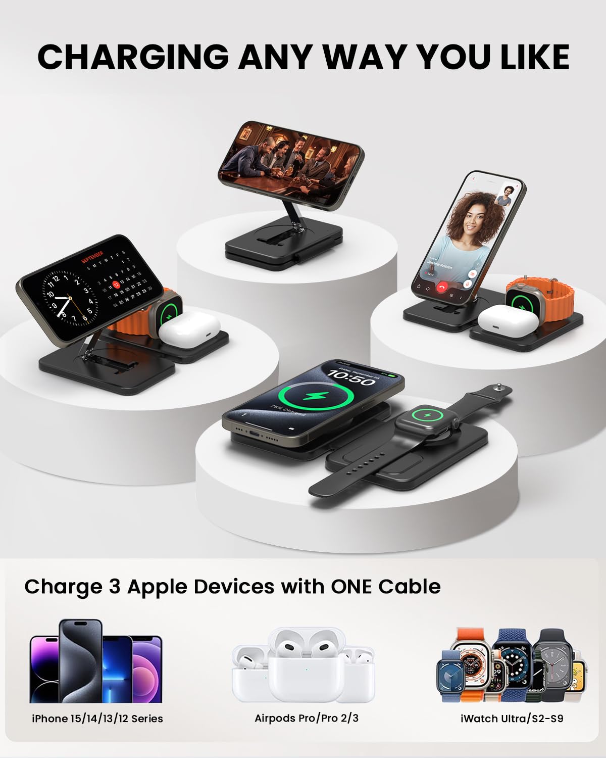 GEEKERA Caricatore con Magsafe, 3 in 1 Stazione di Ricarica per Apple Watch e iPhone 16/15/14/13/12/Pro Max/mini, Caricatore Wireless per iWatch 2-Ultra 2, Base Caricabatterie per AirPods 2-Pro-Nero