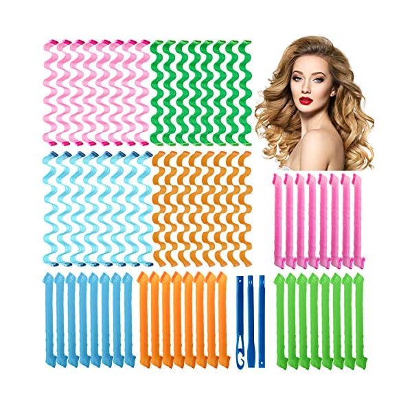 64Pcs Hair Curlers Spiral Curlers No Heat Curlers Curly Wavy Hair Curlers Spiral Hair Curls Styling Kit 2 Style Magic Hair Curler Spiral Hair Curlers with 2 Pieces Styling Hooks （45CM)