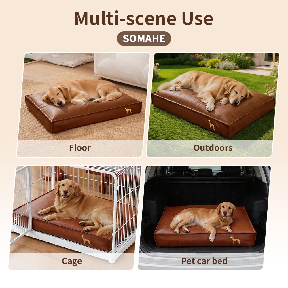 SOMAHE Cama ortopédica para perros pequeños con funda extraíble de piel sintética lavable, impermeable, color marrón, 35.4 x 27.5 x 4 pulgadas