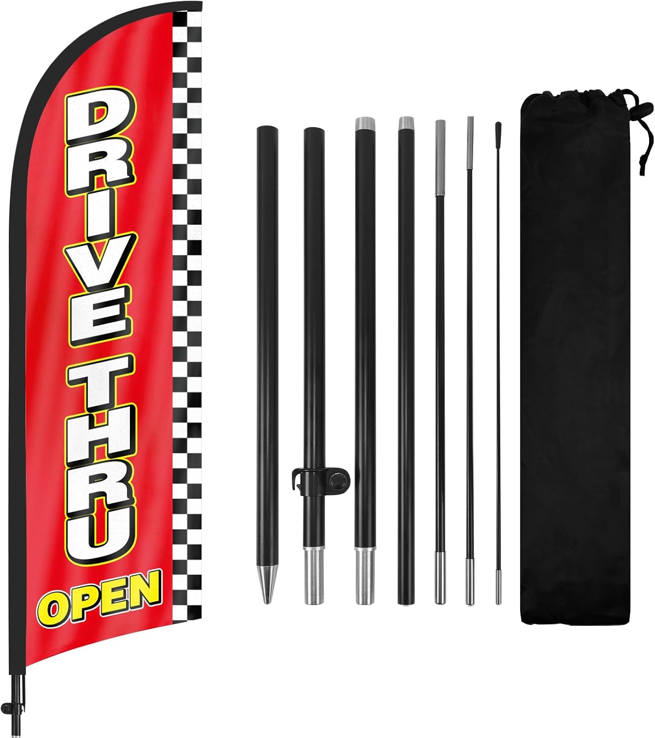 Drive Thru Open Restaurant Advertising Swooper Flag Banners, Drive Thru Open Restaurant Feather Flags with Pole and Ground Stake, 8FT Advertising Feather Banners Sign for Drive Thru Open Restaurant Business