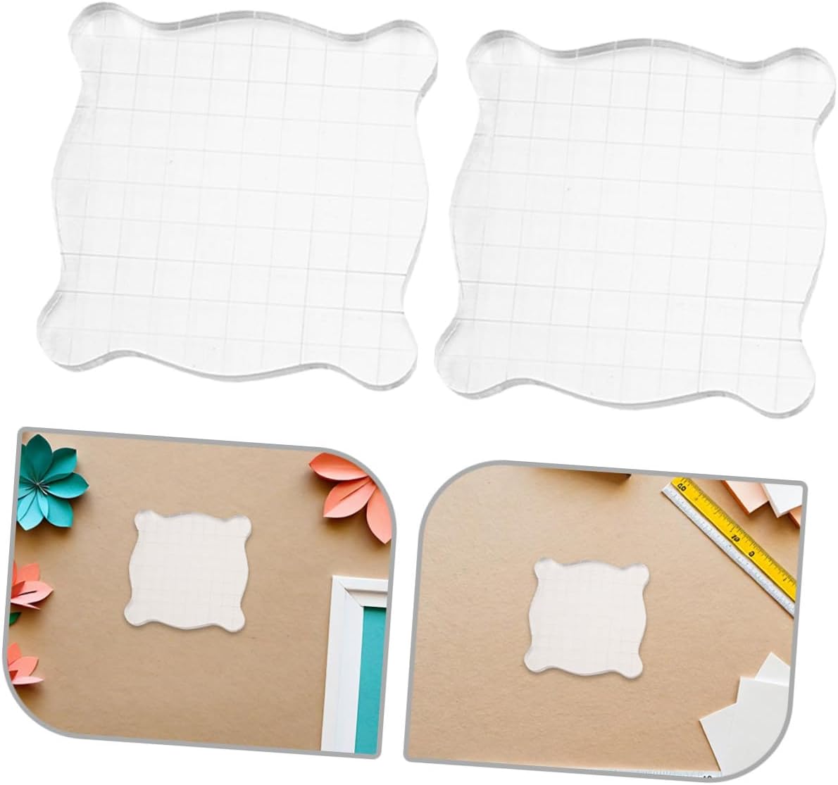 4pcs Acrylic Stamp Blocks with Grid and Wavy Lines 7.5x7.5cm for Scrapbooking and Creative Card Making Craft Supplies