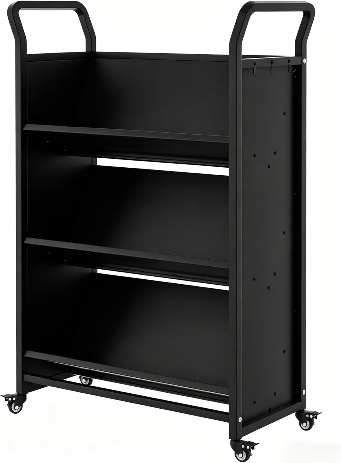 Rolling Library Book Cart, V-Shaped Metal Rolling Cart with 4 Lockable Wheels & Side Hooks, 3-Tier Storage Bookshelf with Lockable Wheels for Home Shelves Office, 32 in x14 in x49 in, Black