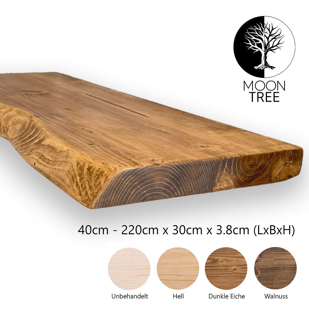 MoonTree Rustykalna półka ścienna, jaskrawa krawędź, 120 cm x 30 cm x 3,8 cm, efekt ciemnego dębu