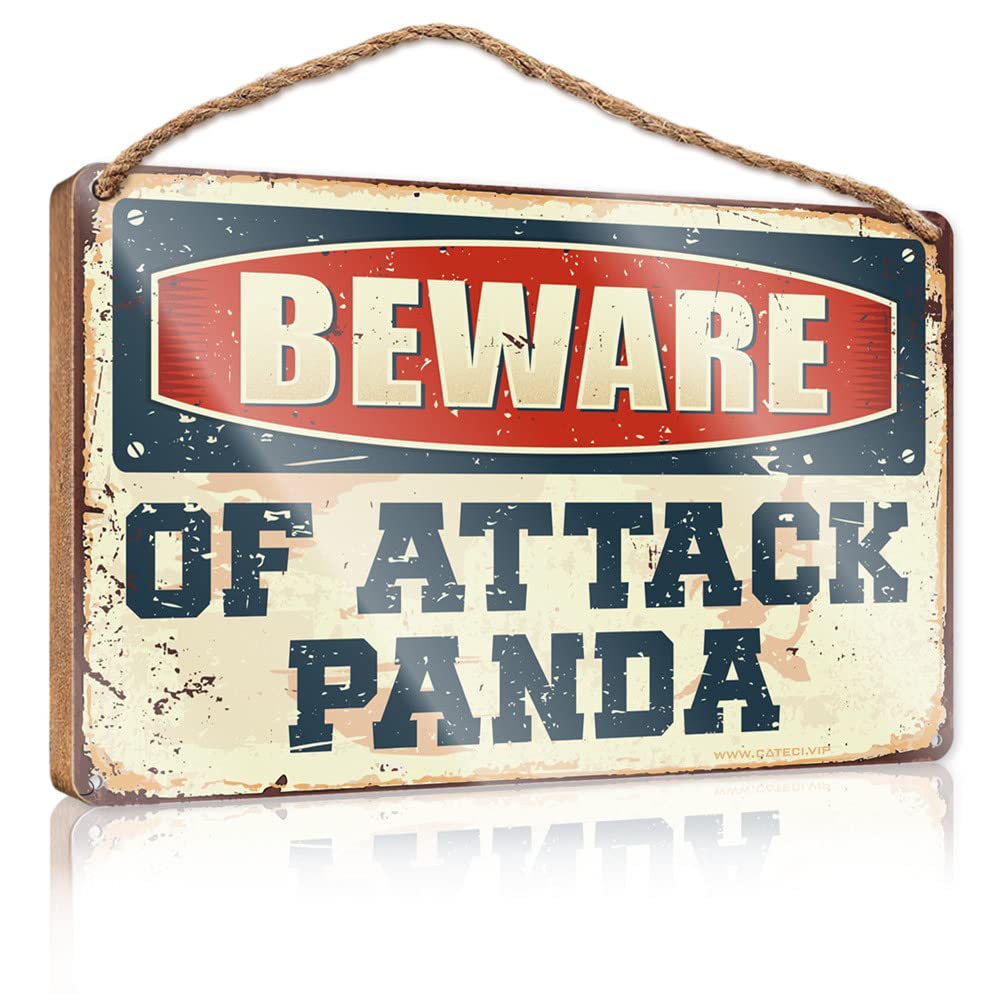 Hangding Wood Sign Beware Of Attack Panda Wooden Sign Fall Porch Sign Man Cave Furniture(23X35CM)