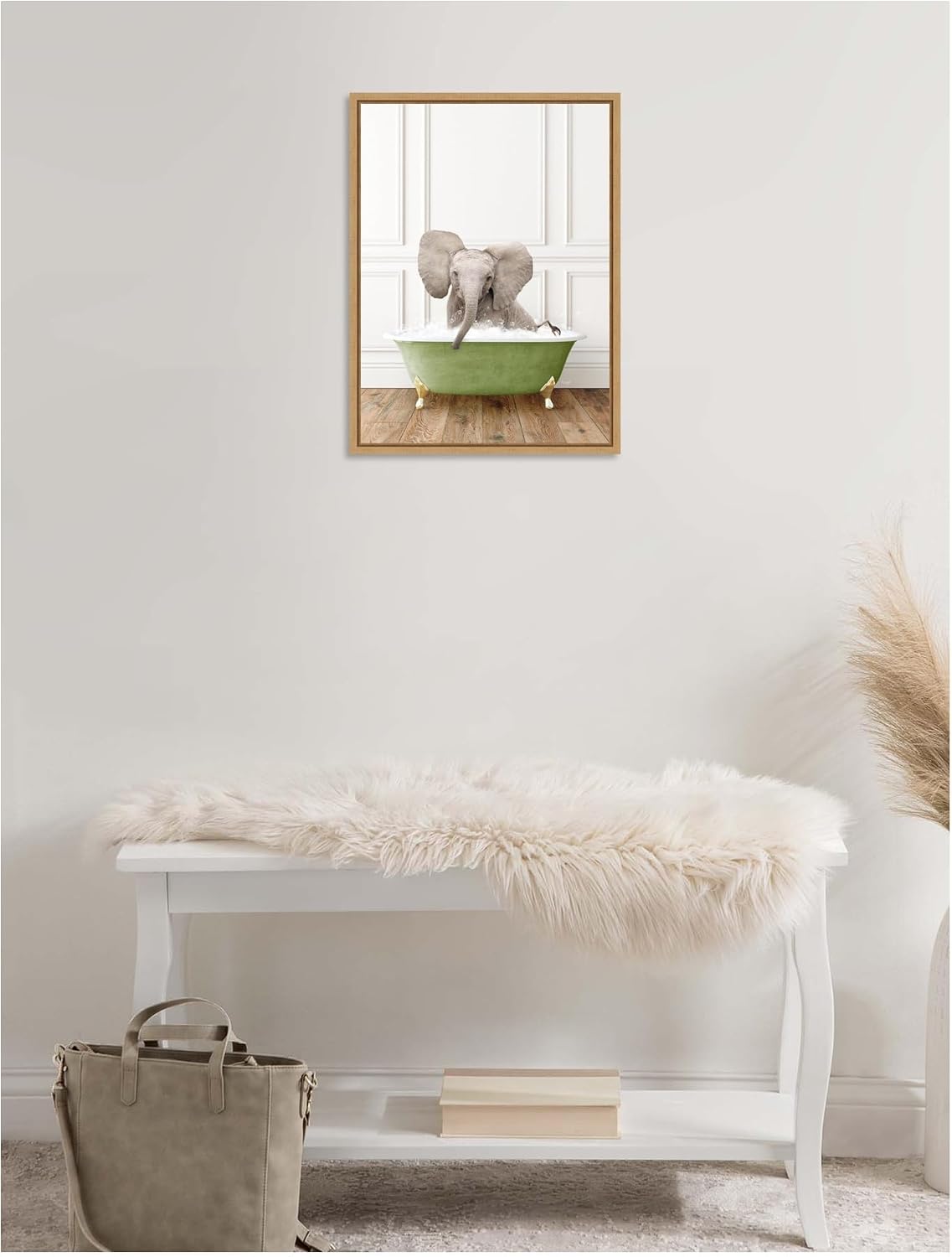Kate and Laurel Baby Elephant 4 in Transitional Bathtub Framed Canvas Wall Art by Amy Peterson 18 x 24 Sylvie Natural, Whimsical, Animals, Bathroom Art for Wall Decor, Living Room, Bedroom