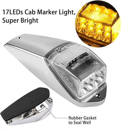 Miniatura 3 de 5 luces de marcador de cabina de camión, 17 luces LED ámbar para techo superior con base cromada, compatible con KenworthFreightlinerAutocar