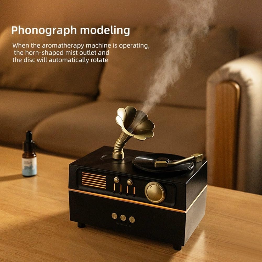 Humidificador Difusor de Aroma con Gramófono Retro Giratorio con Altavoz Bluetooth para Decoración del Hogar y la Oficina.