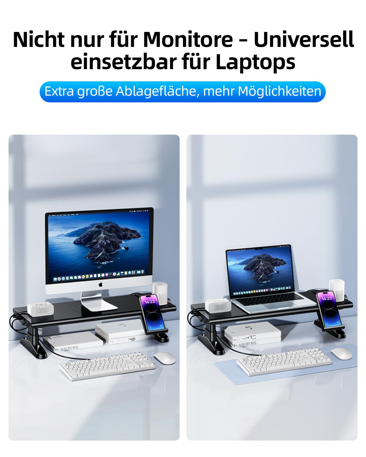Monitorständer mit 6 USB C 3.0 Hub,HöHenverstellbar Monitor Erhöhung Schreibtisch Organizer Monitor Stand Riser mit Handyhalterung,Bildschirmerhöhung Ständer für Laptop,Computer,PC,Tv(Schwarz)