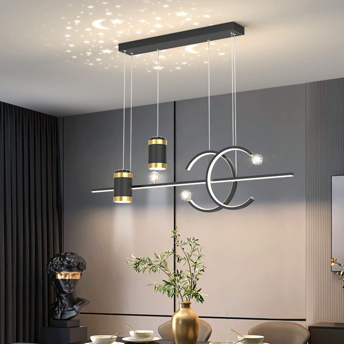 Bellastein Moderne LED Esstisch Hängelampe Neu Entwurf sternenklarer Himmel Pendelleuchte Höhenverstellbar Fernbedienung Hängeleuchte für Esszimmer Wohnzimmer Büro Pendellampe (Schwarz)