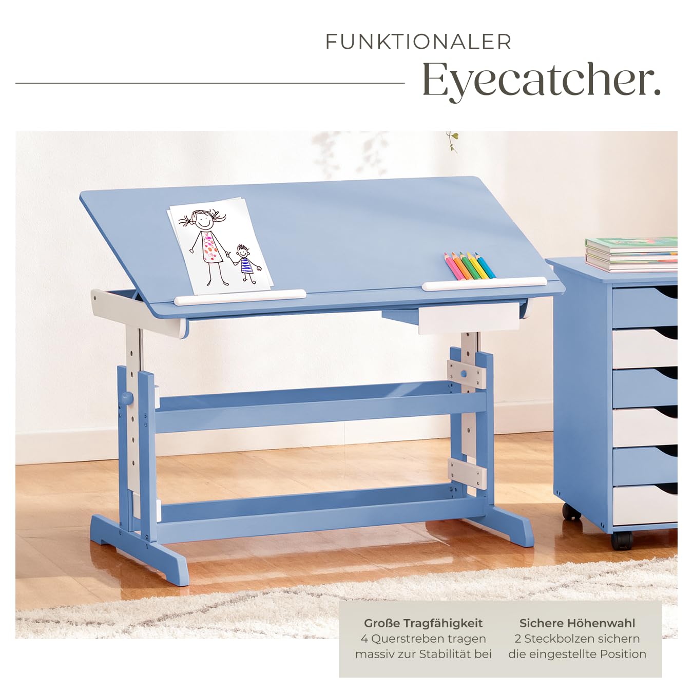 tectake® Kinderschreibtisch, Schreibtisch höhenverstellbar, Kindertisch mit Stauraum Schublade, Tischplatte neigbar, höhenverstellbarer Tisch, Arbeitszimmer für Kinder, Jugendzimmer - blau