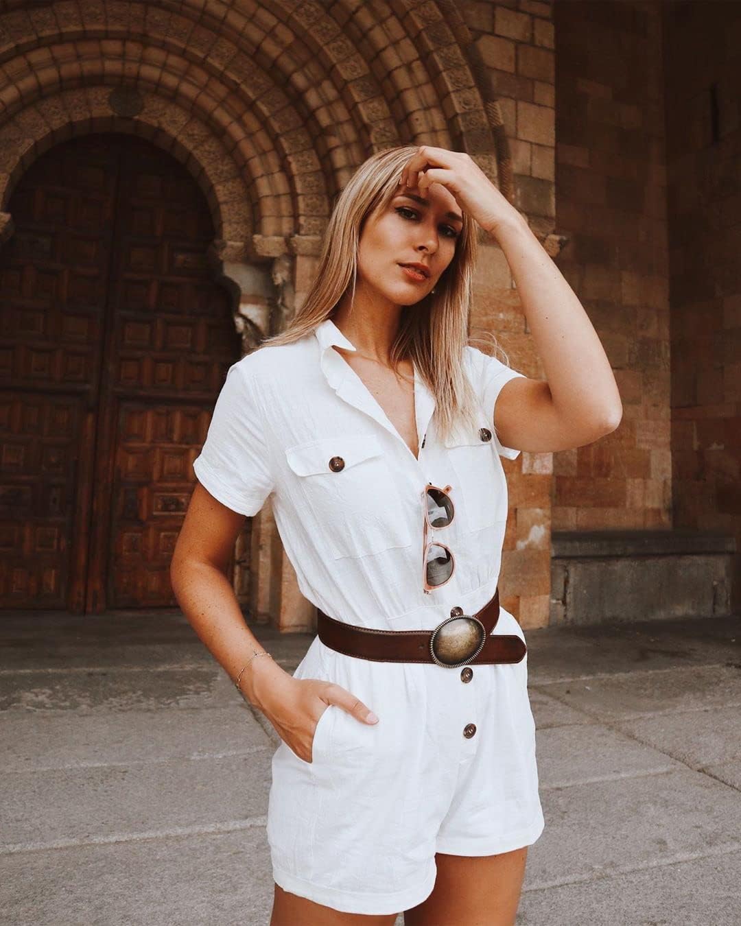 GRAPENT Women's Summer Short Sleeve Button Down Pockets Belted Jumpsuits Rompers - Image 7