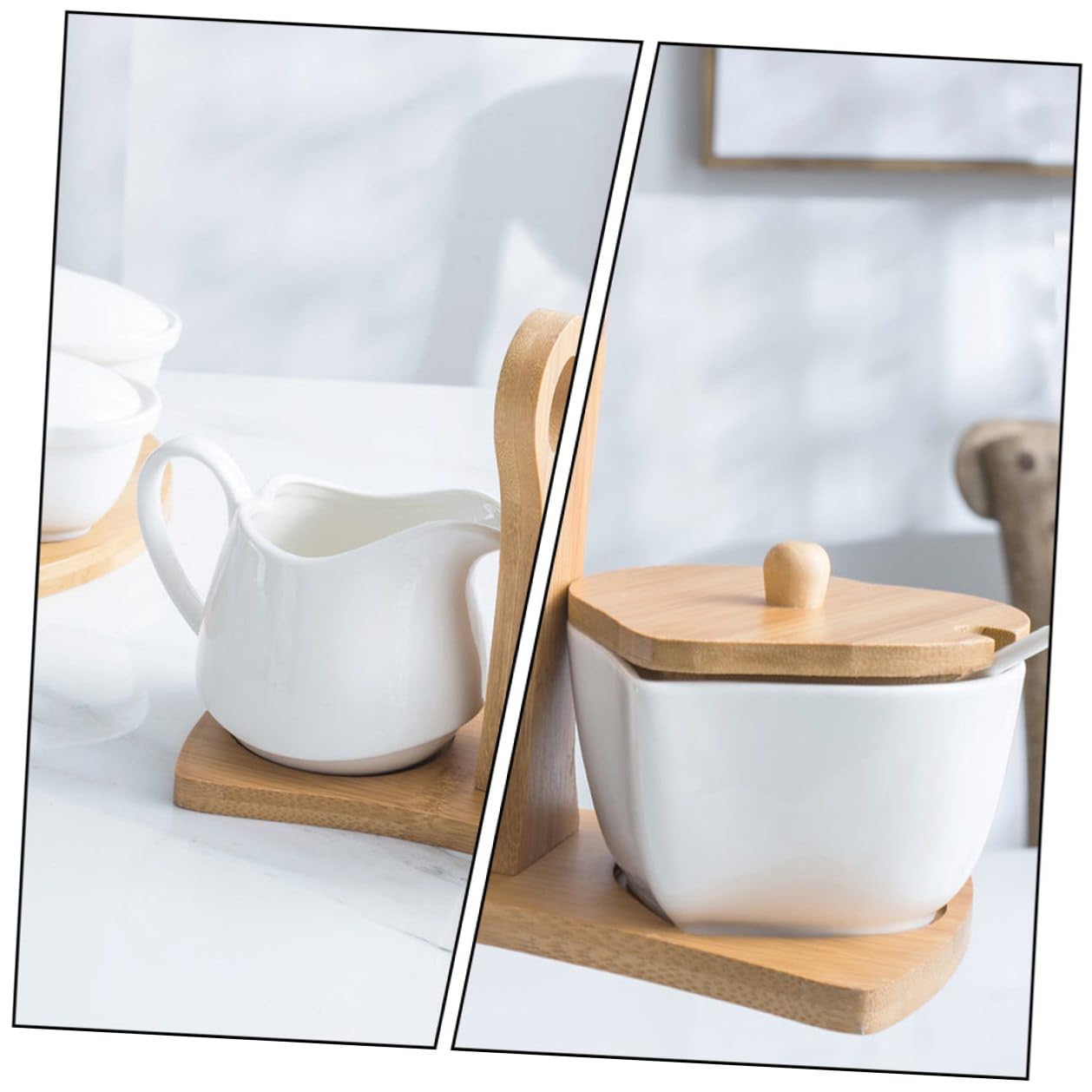 Artibetter Sucrier Céramique Blanc avec Pot à Lait et Set de Rangement pour Maison avec Plateau Bambou Décoration et Fonctionnelle pour Cuisine
