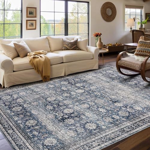 GarveeHome Area Rugs 3x5 Vintage Printed Floor Carpet with Non-Slip Backing, Stain-Resistant Oriental Throw Bedside Washable Farmhouse Low Pile Rugs for Living Room, Bedroom, Office, Blue
