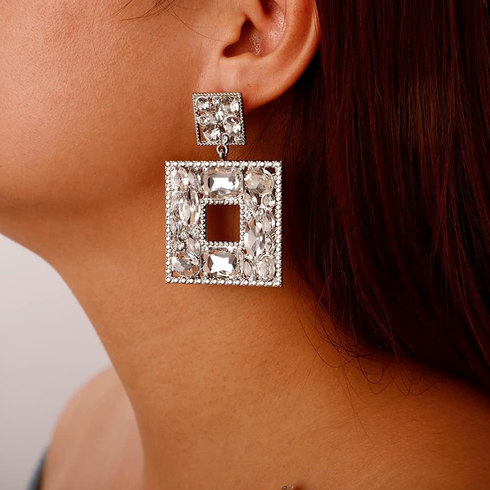 Denifery Rhinestone Geometric Bling Earrings Boho Crystal Earrings Bridal Wedding Earrings Rhinestone Statement Earrings for Women (White) - Image 2
