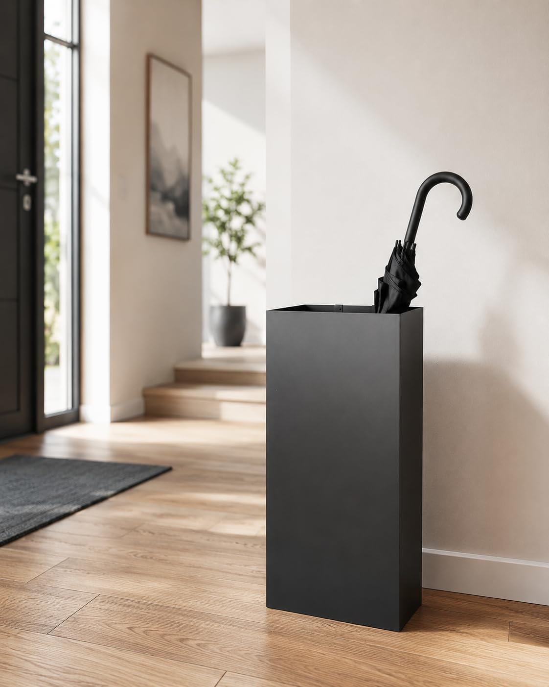 Schirmständer mit modernem Design aus Metall für Heim und Büro, Design-Ständer,schwarz, 2 Haken, 2x Wasserauffangschale herausnehmbar, 25x15x50cm, rechteckig, Regenschirmständer