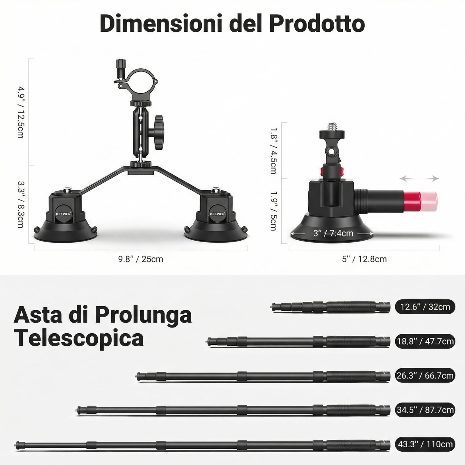 NEEWER Treppiede a Ventosa Tripla per Auto Compatibile con Insta360 X5 X4, GoPro, DJI OSMO 360, Kit Montaggio,Braccio Flessibile e Sgancio Rapido, Asta Estensibile 2in1/Monopiede per Selfie, CA065