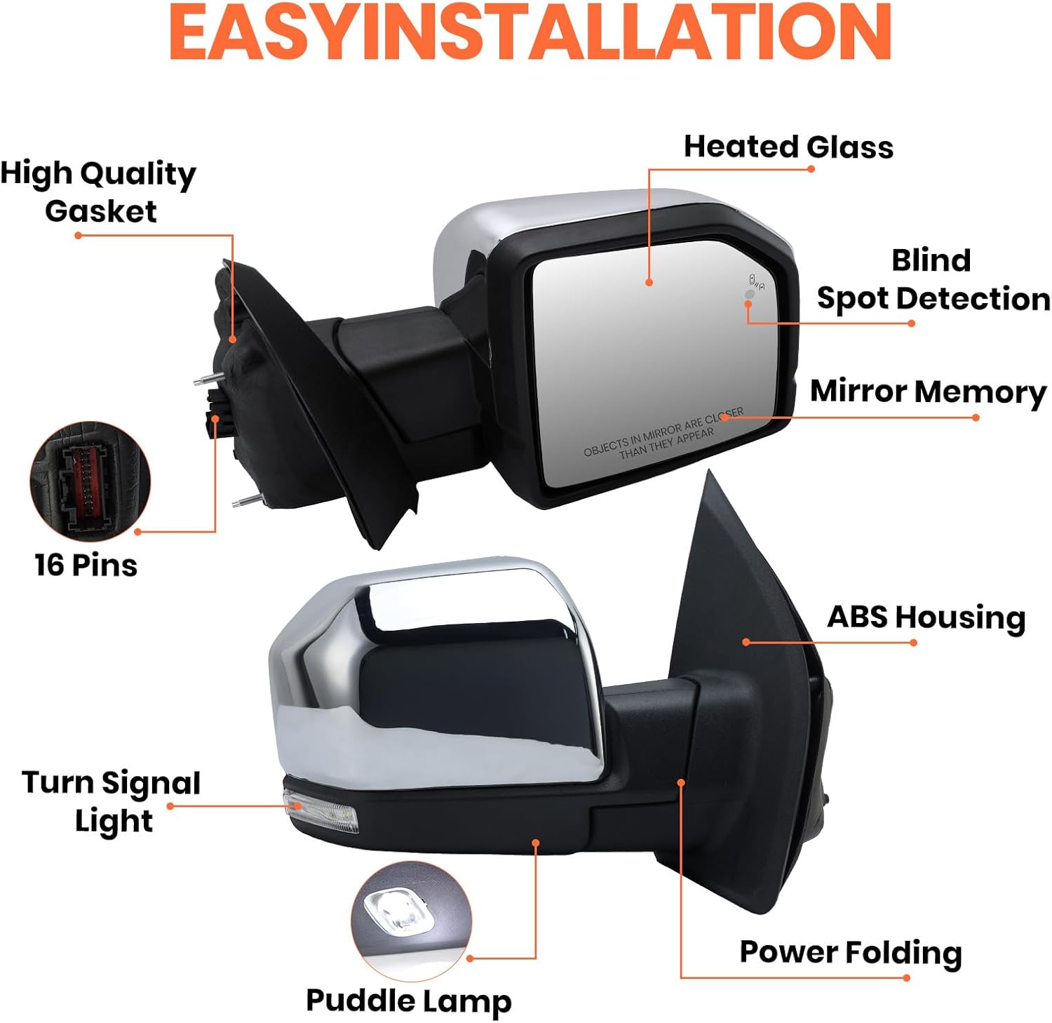 Right Passenger Side Mirror Fits 2015-2018 Ford F150 Mirrors with Power,Heated,Puddle Lights,Blind Spot Detection,Turn Signal,Memory,Power Folding,Without Camera,FO1320528（16 Pins) Chrome