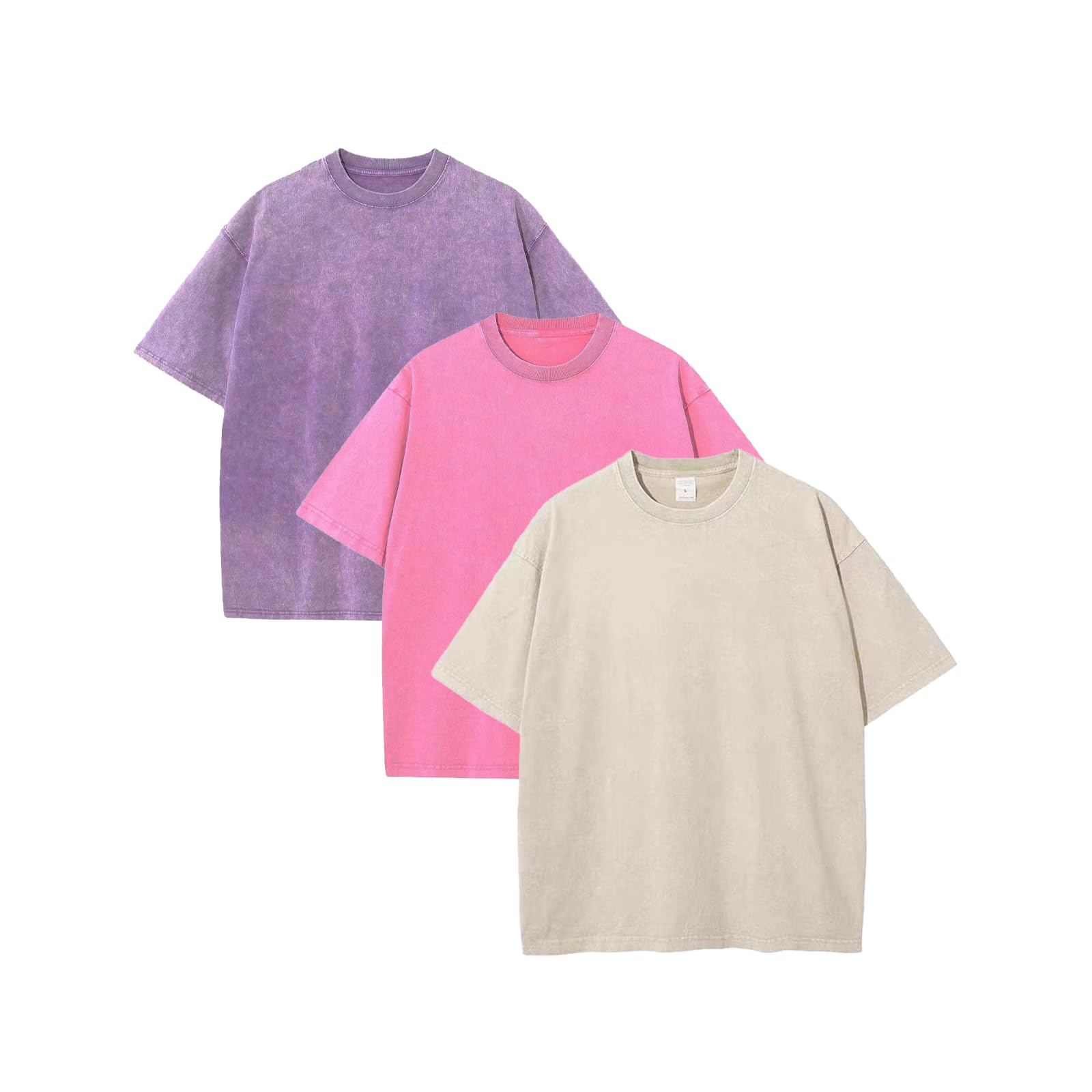 Camiseta de manga corta con cuello redondo para mujer, de gran tamaño, algodón, vintage, lavado, pesado, 230 g/m², corte suelto, ácido, 3 unidades, L