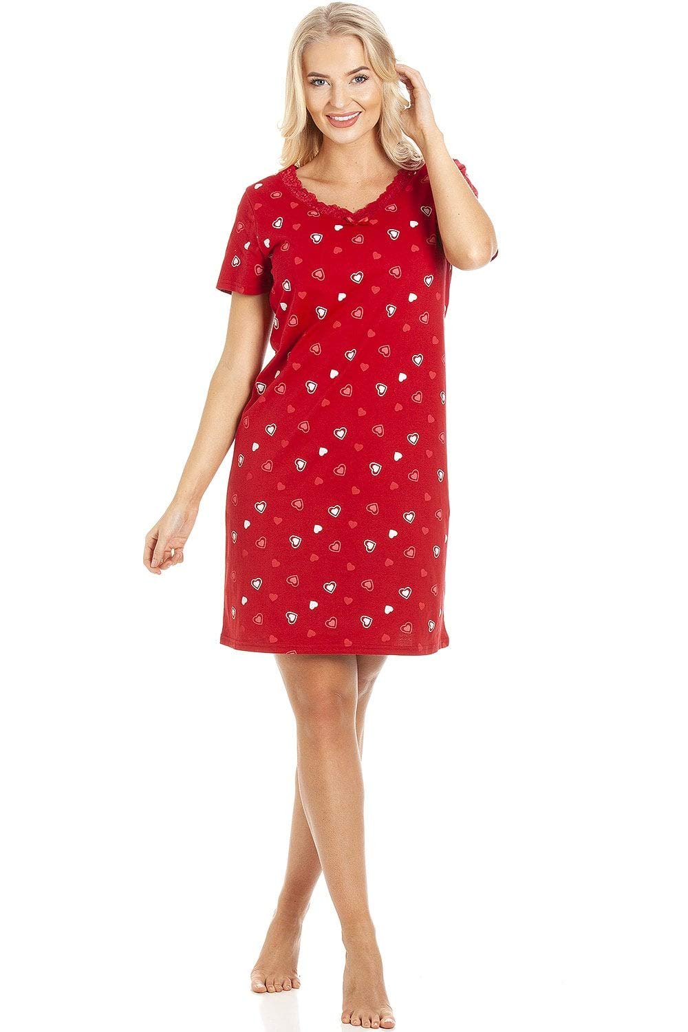 Camille Women's Red Heart Print Cotton Summer Nightdress Size 18-20