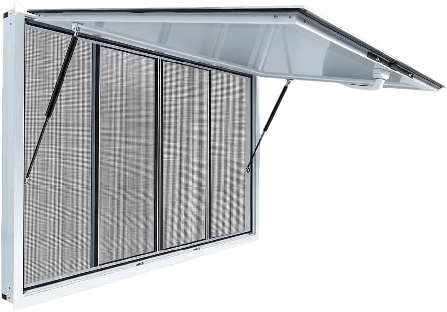 Precise 85 Degree Opening Concession Window, Sliding Windows for Food Festivals, Anti Theft Lock Food Truck Window with Black Mosquito Proof Net and Two Hydraulic Rods and Awning