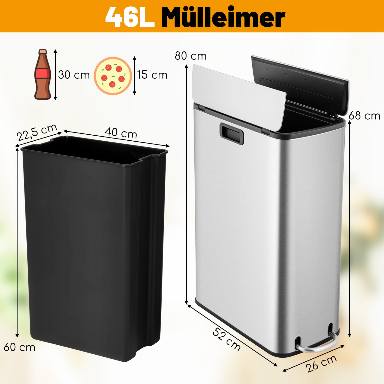 COSTWAY 46L Mülleimer Edelstahl, Küchenabfalleimer mit 2 Deckeln & Pedal & Griffe, Treteimer mit herausnehmbarem Inneneimer, Abfalleimer für Küche, Wohnzimmer, Badezimmer, Büro, 52 x 26 x 68 cm