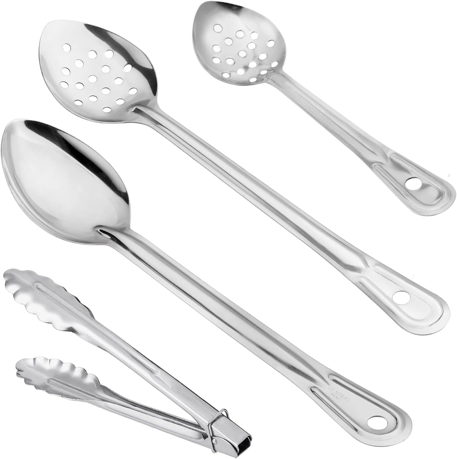 Serving Spoons, Cooking Spoons, & Kitchen Tongs For Cooking, Made of Stainless Steel, Set of 3: 11in, 15in Perforated Spoons, one 15in Solid Spoon & 9in Serving Tongs. Kitchen Utensils Set. Cucharas.