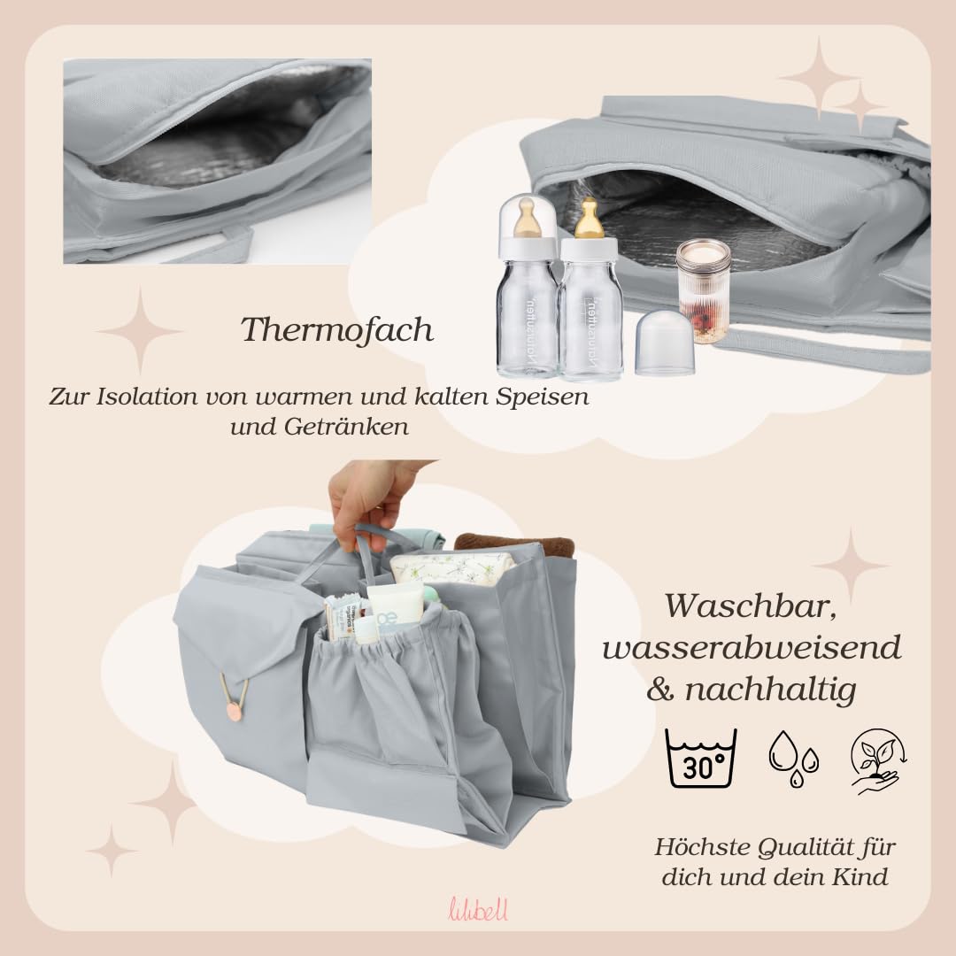 große Windeltasche für Newborn Baby Essentials, Handtaschen Organizer für Eltern, Taschenorganizer mit Thermofach, Waschbare Wickeltasche für Babys, Reisetasche, Granda Grau