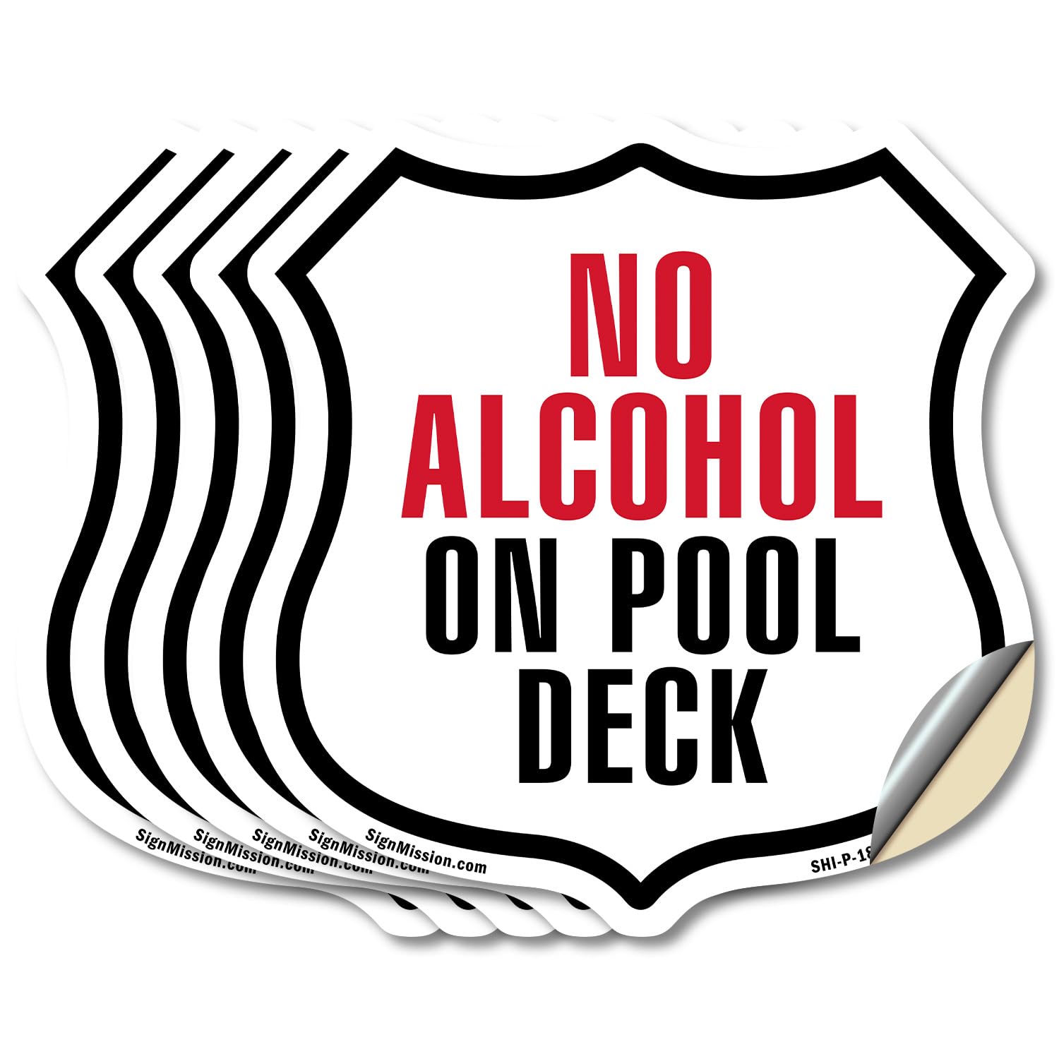 No Alcohol On Pool Deck (5 Pack) 6 inch X 6 inch Shield Shaped Heavy Duty 3.2 mil Vinyl Decals Weather Resistant Made in the USA