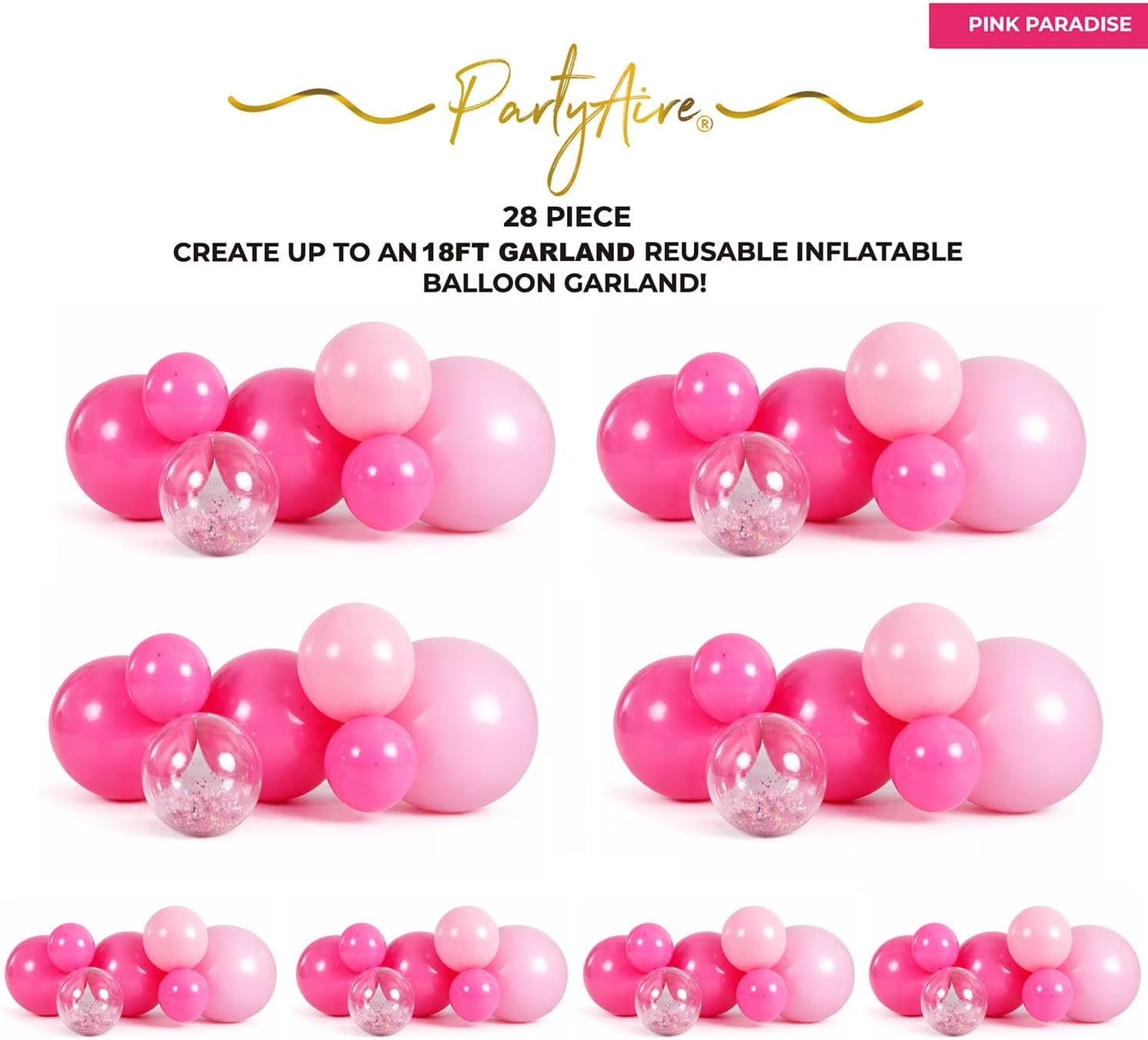 PartyAire 18' Reusable PVC Balloon Arch Kit (Pink Paradise)– 28 Piece Inflatable Balloon Garland – Easy Setup – Durable, Latex-Free, Weather Resistant – Perfect for Birthdays, Outdoor Events