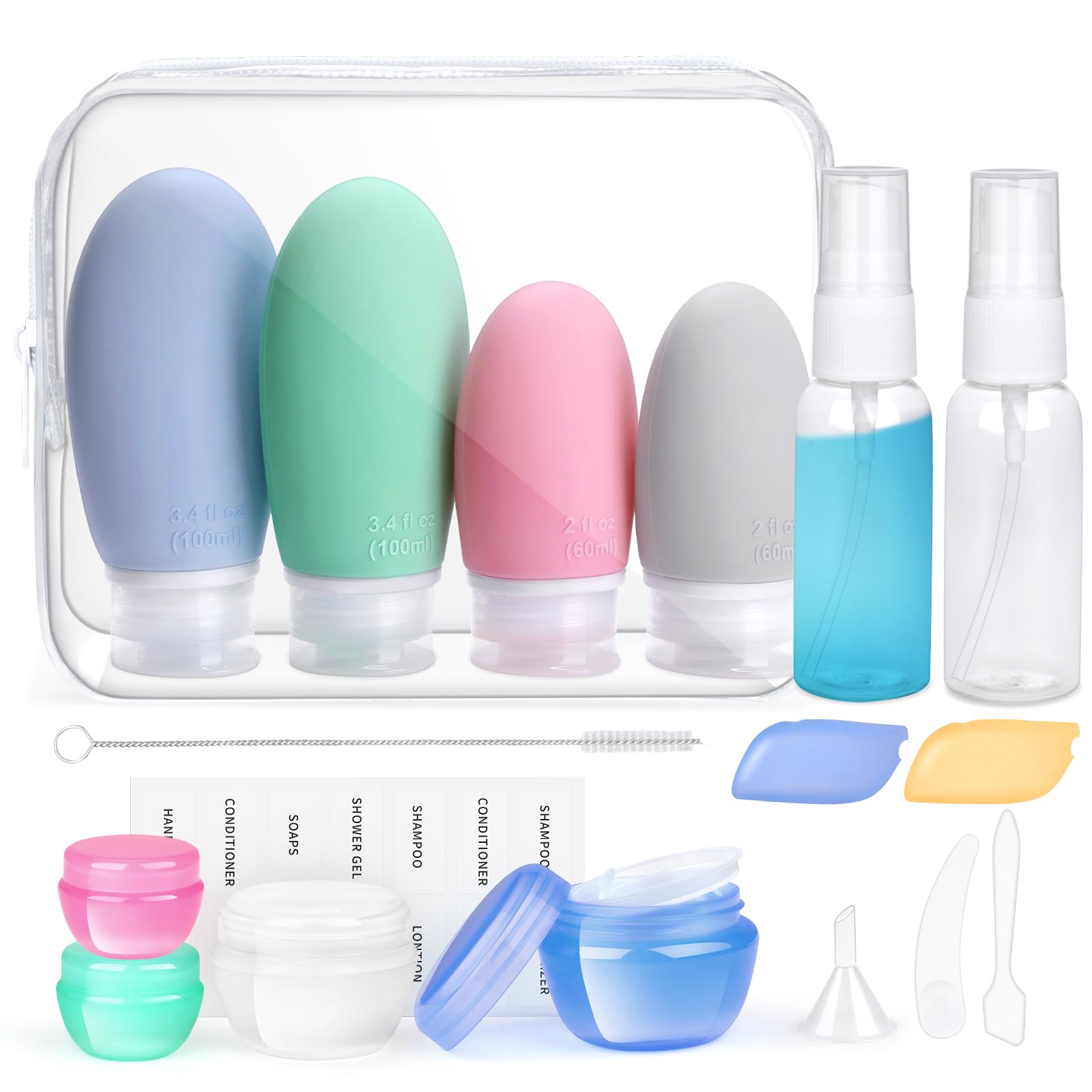 18 Pcs Travel Bottles Set for Toiletries, Opret Silicone Travel Containers 100ml/60ml TSA Approved Leak Proof Refillable BPA Free Travel Accessories for Shampoos, Conditioner and Lotion