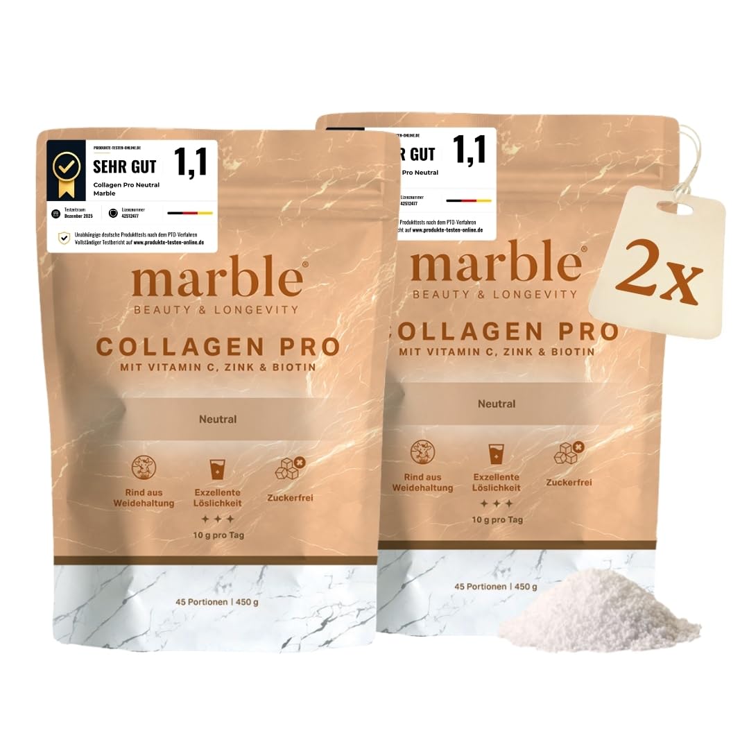 marble® Collagen Pulver 450 g - Collagen Peptide - 60 Tage risikofrei testen - Aminosäuren Komplex hochdosiert - Kollagen Pulver in Pappdose ohne Plastiklöffel