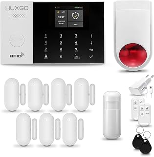 Funk Alarmanlage Set WiFi + GSM mit solar Alarmsirene HXA005 HUXGO® | Alarm System mit Bewegungsmelder, 7X Fensteralarm/Türsensoren | Alarmanlage fürs Haus, Wohnung, Wohnmobil | Smart Home