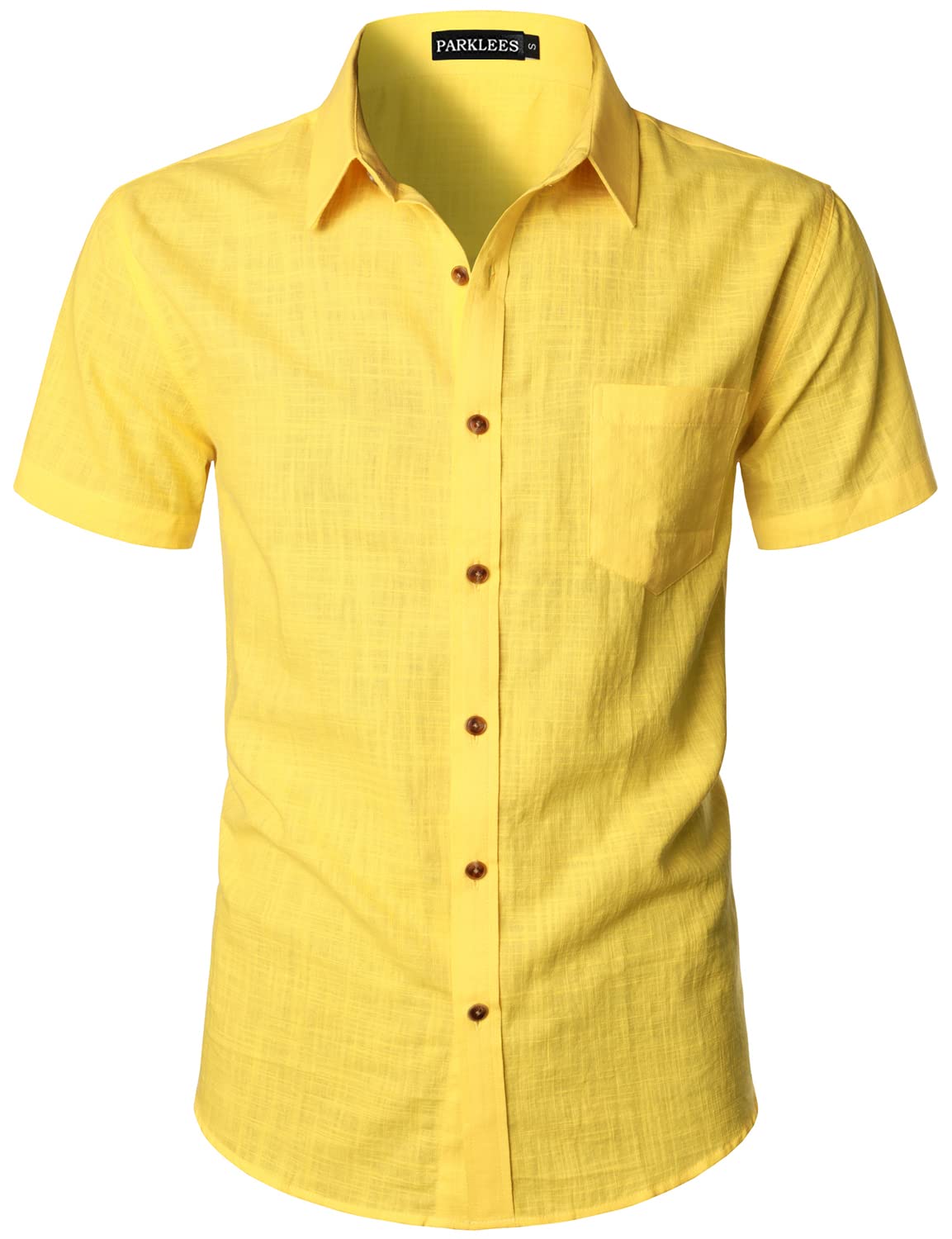 PARKLEES Camisas ajustadas de algodón y lino casual de manga corta con botones para hombre, camisetas de playa ligeras con bolsillo