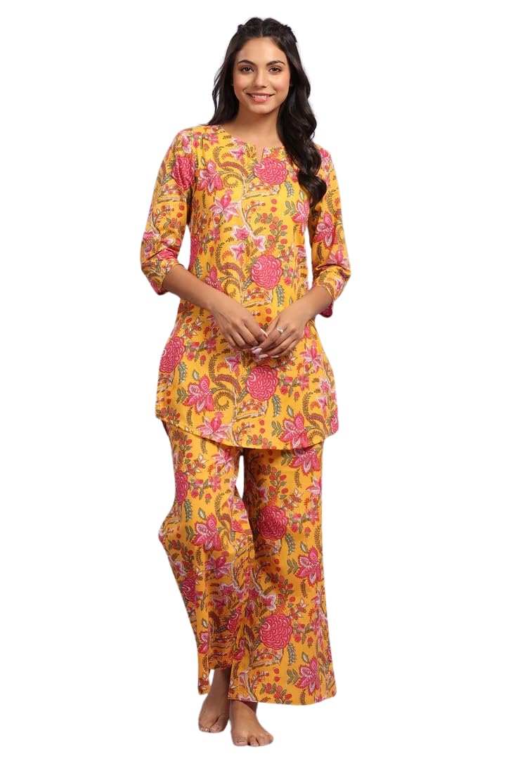 Leriya Fashion Women Ethnic Kurta Set | Rayon Co-Ord Set | Fancy Pajama Set | Pack Of 2 | Floral Printed Top & Pant Set | Full Pair Set | A-Line Kurta Set For Women | Co-Ord Set (Small, Yellow)