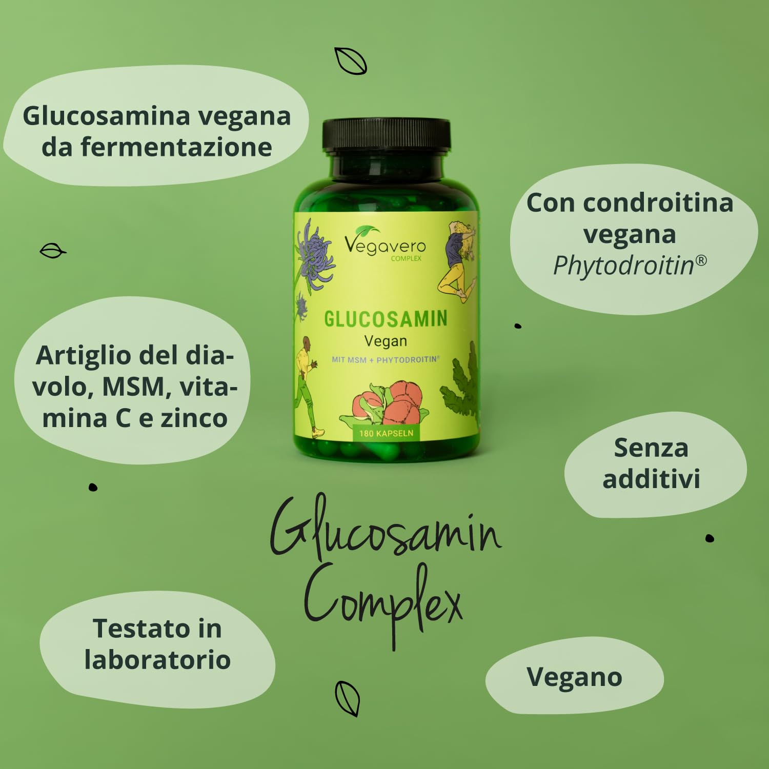 Glucosamina Condroitina Complex VEGAN | con MSM, Artiglio del diavolo, Zinco e Vit C | Integratore Articolazioni | Alto dosaggio di Glucosamin Solfato | Cruelty Free e Senza Additivi | Vegavero