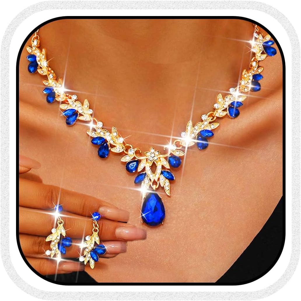 Unicra Rhinestone Bridal Wedding Jewelry Sets Gold Necklace Earrings Set Leaf Prom Formal Costume Jewelry Set for Women and Brides