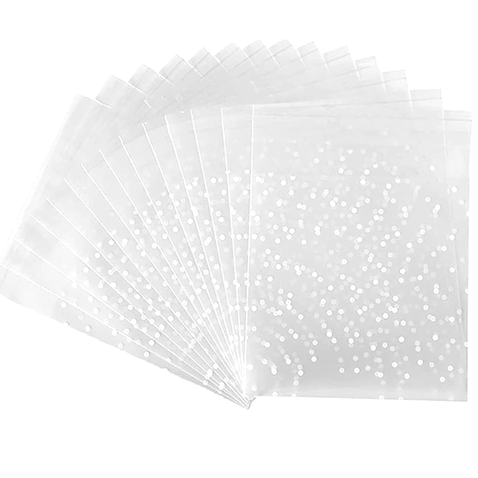 Tsathoggua 200 Pcs Clear Cellophane Bags, Cookie Bags, White Polka Dot Packaging Bag Plastic Small Sweet Bags for Bakery, Cookie, Candies, Gift (7 x 7+3 cm)