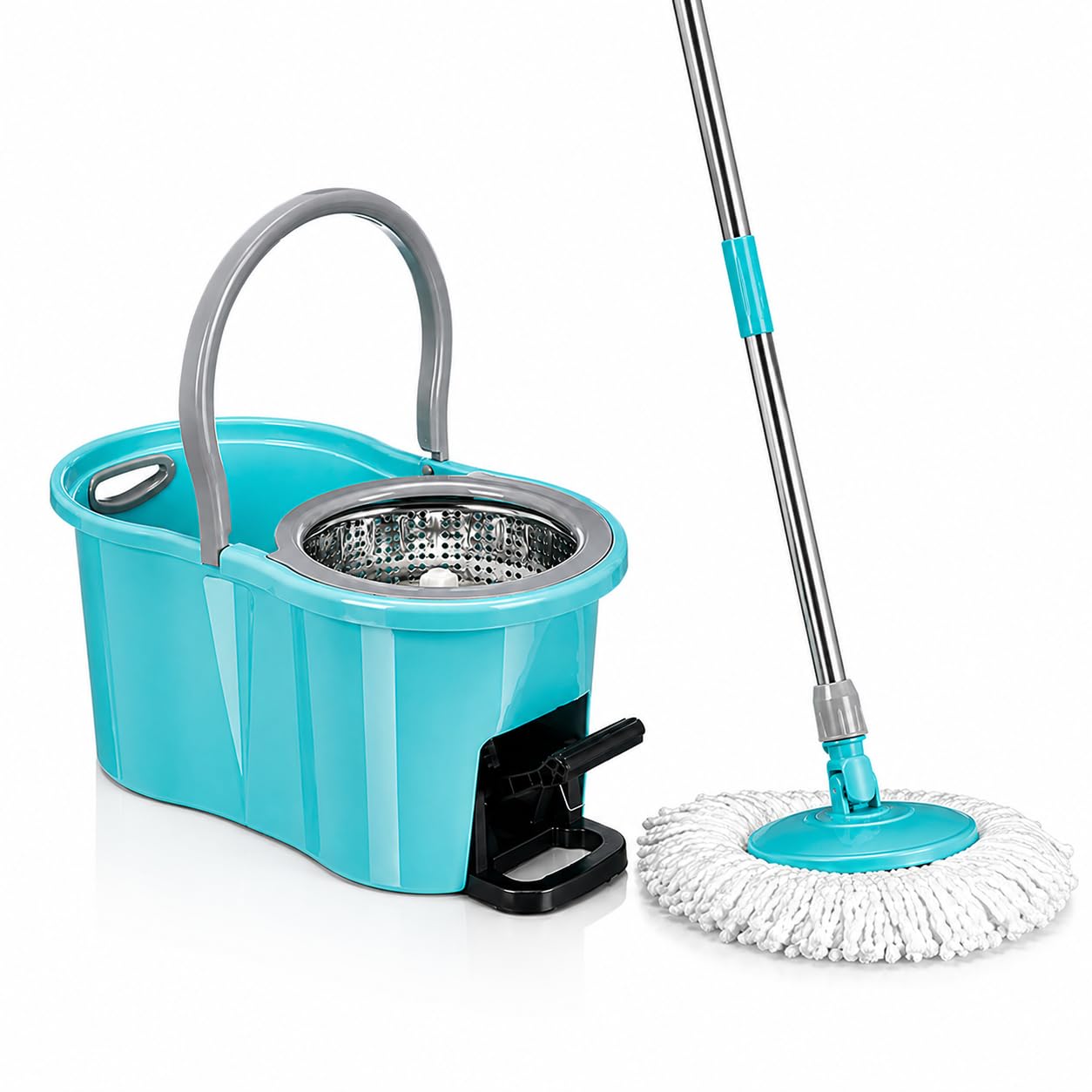 TIENDA EURASIA – Cubo Fregona Centrífugo con Mopa Giratoria 360º | con Escurridor | Mango Extensible | Tapón de Vaciado | Plástico PP y Acero Inoxidable | Azul Turquesa (Pedal - 12L - 25.5x47x23 cm)