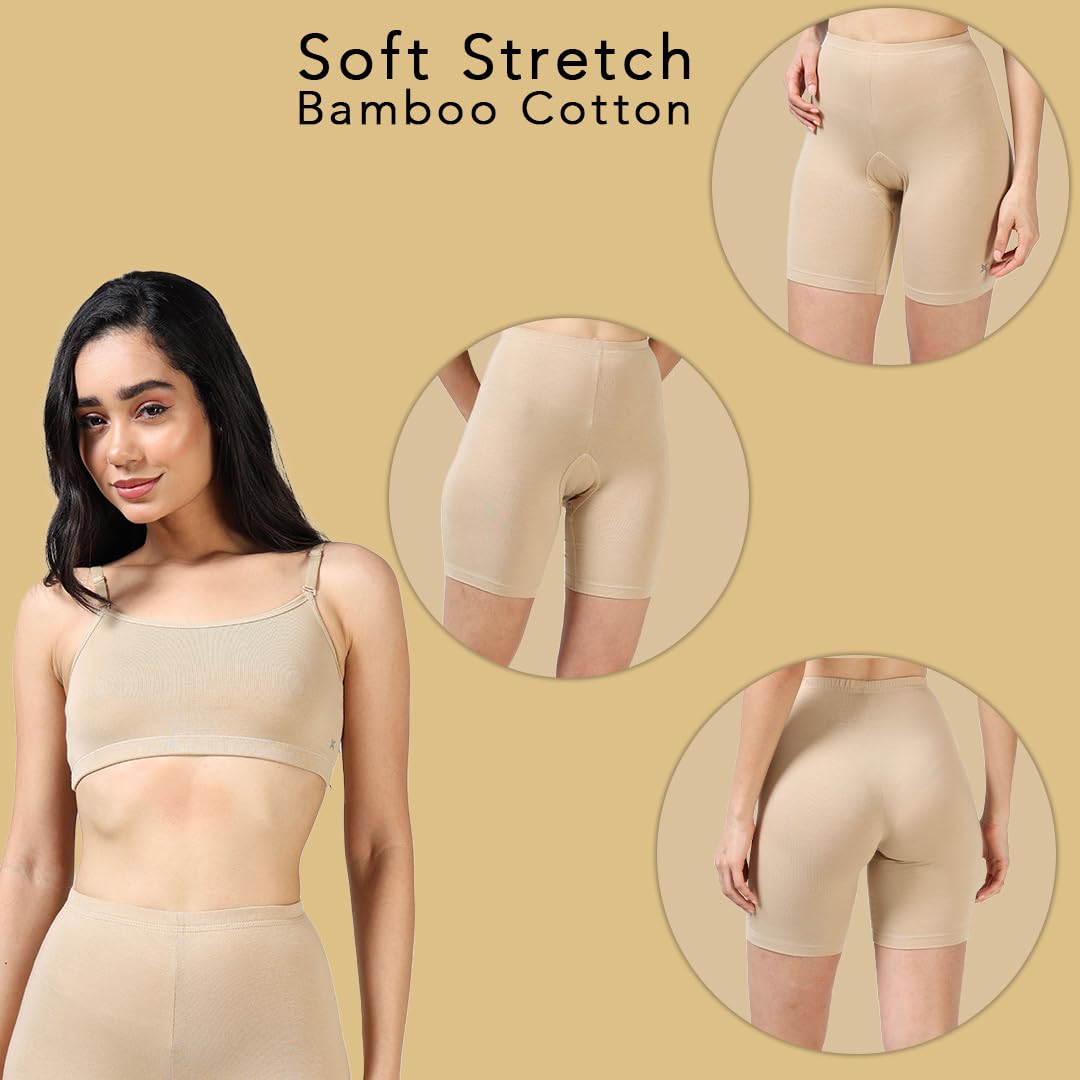 Lavos Women Under Dress Sports Cycling Shorts, Bamboo Cotton Activewear Yoga Gym Workout Anti-Bacterial Uniform, Elastic Mid Waist Shorties Tights for Womens and Girls(XL) Skin 1