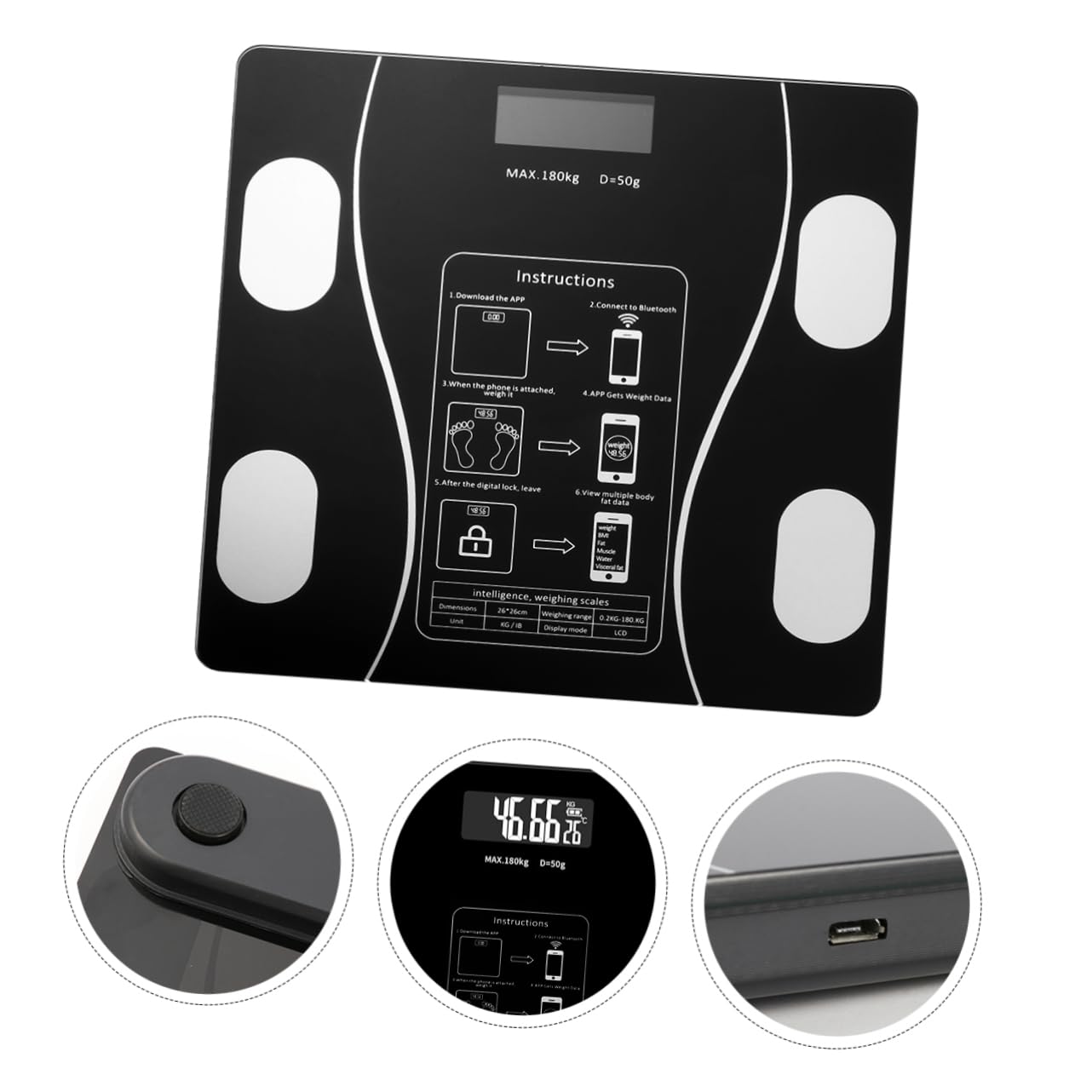 Bilancia per Grasso Corporeo USB Ricaricabile, 79 Dati, Ampio Display Led, Piedini Antiscivolo, per Casa, Nero