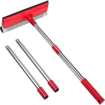 2-in-1 Window Squeegee with 30"-59" Stainless Steel Adjustable Handle - Glass Cleaner for Shower Doors, Car Windshield & High Outdoor Windows Red